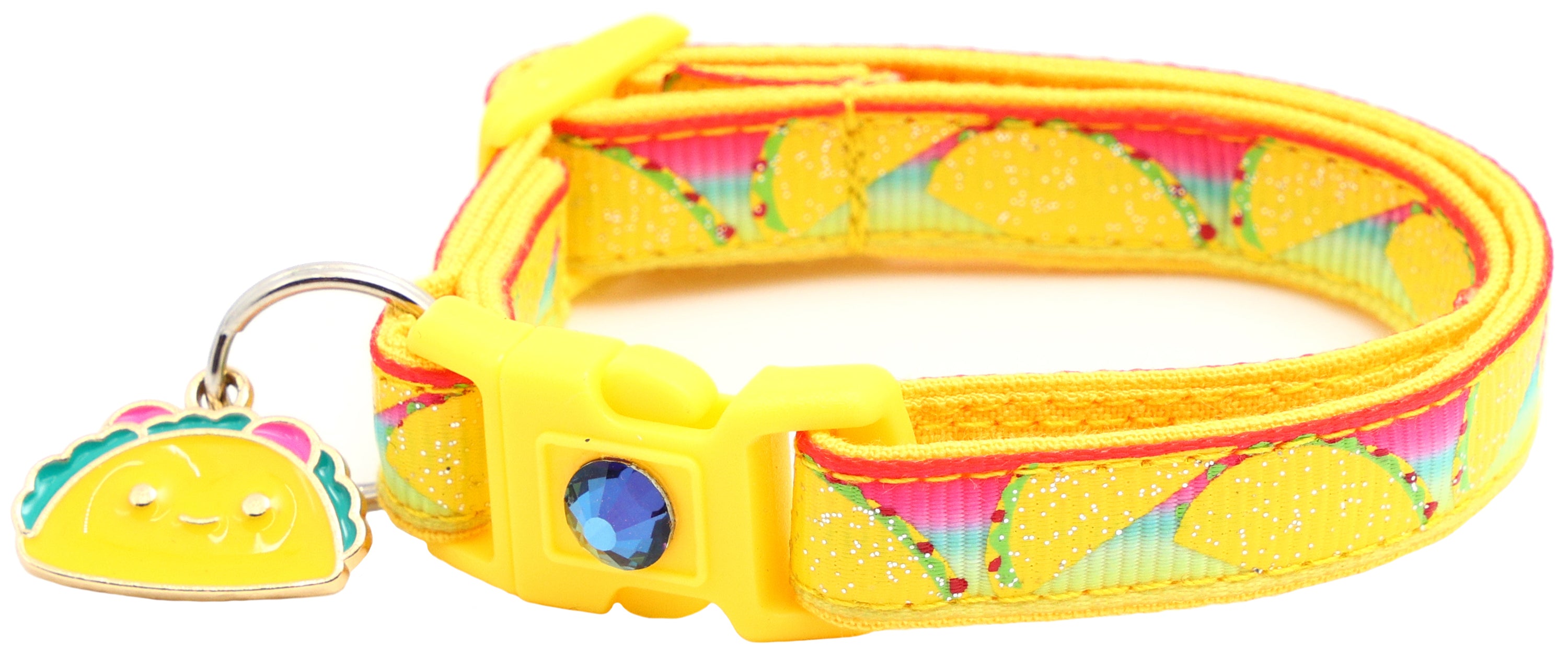 Handmade Taco Breakaway Cat Collar in reinforced cotton with breakaway clips and customizable features.